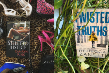 Images displayed side-by-side: A print copy of Camryn King's Stiletto Justice displayed on a leopard print scarf surrounded by high-heel shoes and a print copy of Rebecca Zanetti's Twisted Truths nestled inside of a vine