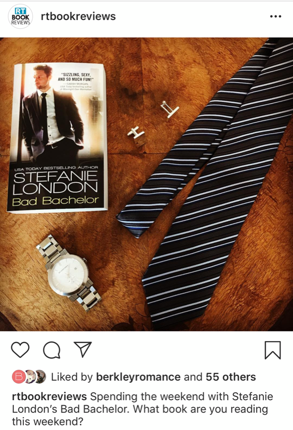 A screenshot featuring a photo of Stefanie London's The Bad Bachelor alongside a tie that was provided by the publisher, a silver men's dress watch, and silver cufflinks that is posted on the RT Book Reviews Instagram account.