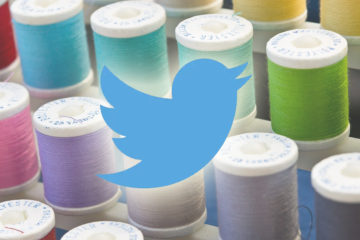 The twitter logo appears against a background of sewing thread