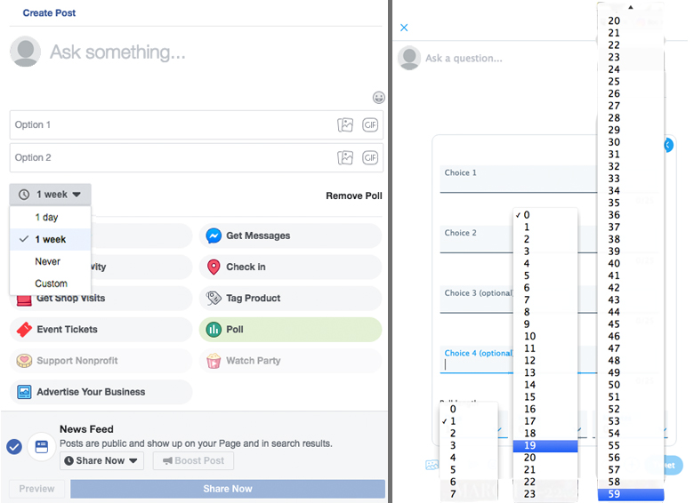 side-by-side screenshots of Facebook and Twitter poll functions show available scheduling options