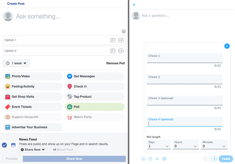 To the right is a blank facebook poll. To the left is a blank Twitter poll with all four option fields revealed