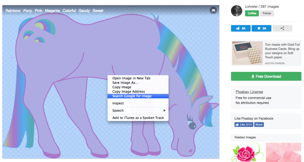 A menu appears over a graphic of a pink pony. The option to search google for the image is highlighted